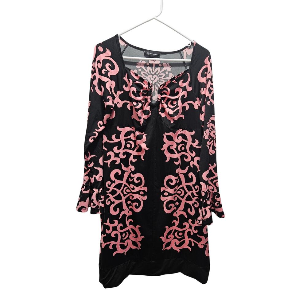 INC Pink Black Baroque Ruched Babydoll Dress Tunic Top Long Sleeve L 2000s